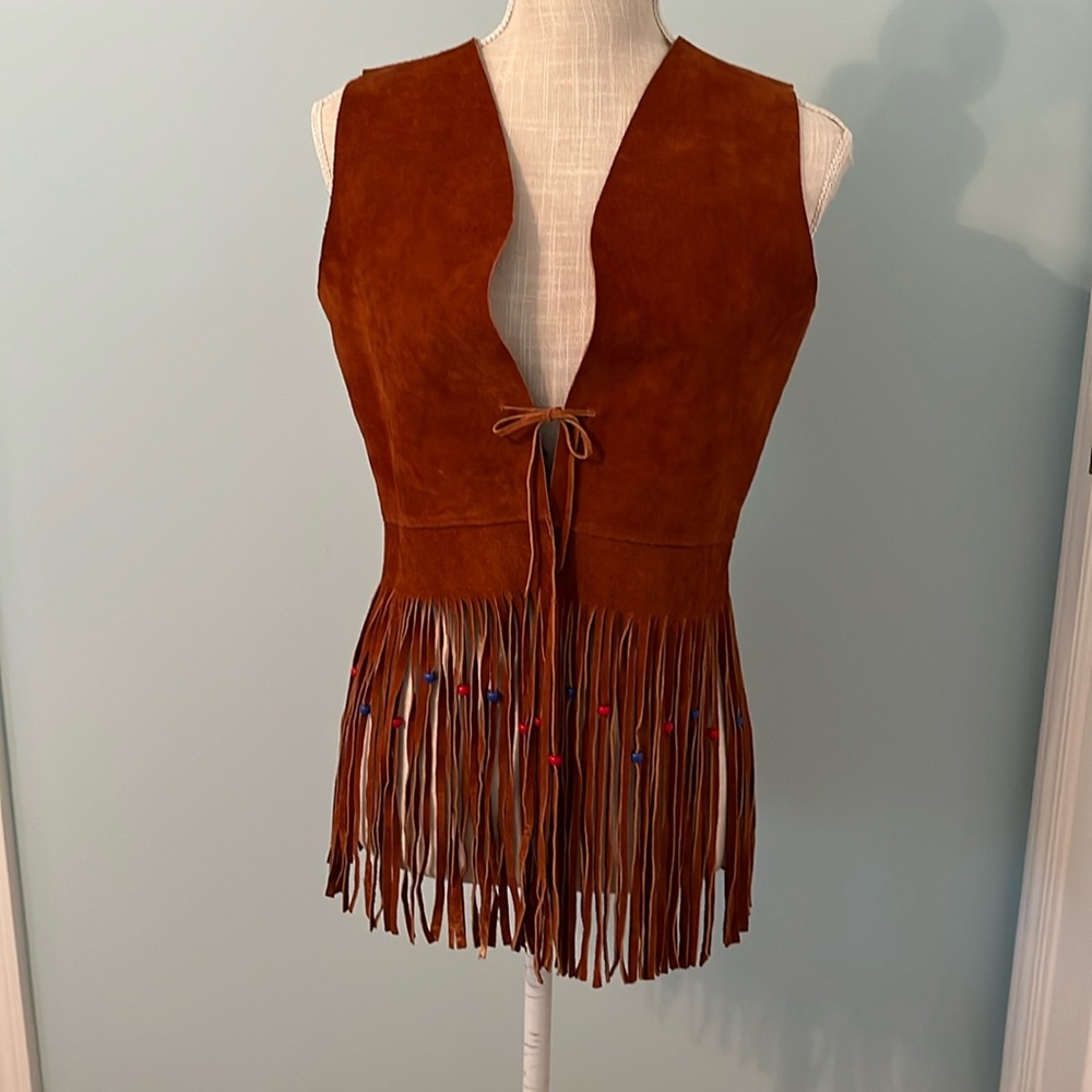 Vintage Women’s Suede Leather Vest with Long Fringe and Beads.